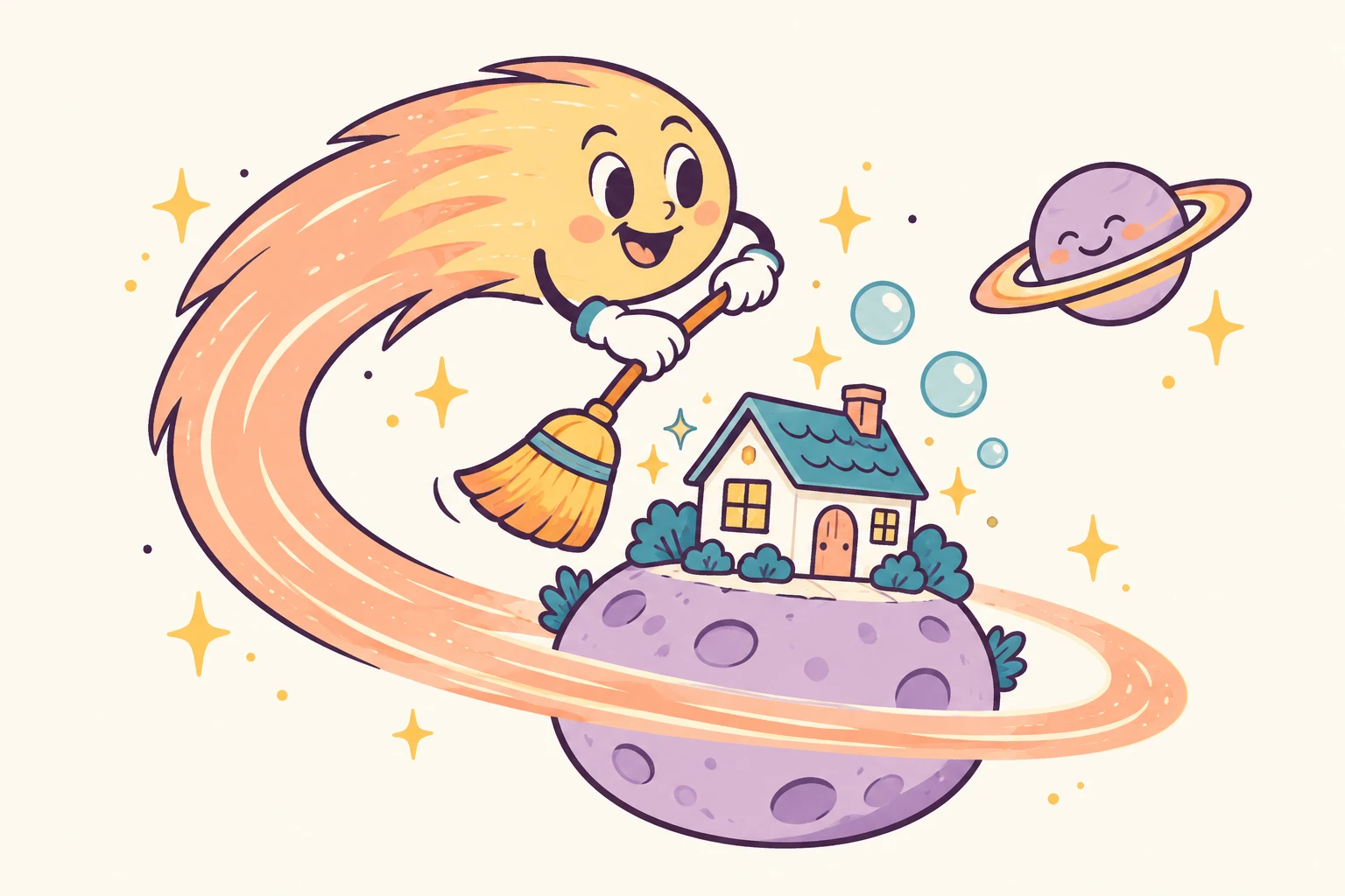 A cheerful comet with a broom sweeps around a tiny home in a playful pastel universe